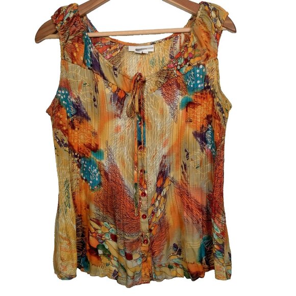 Dressbarn Shirt Large Sleeveless Pleated Button Up Orange Whimsical Forest Fairy - Picture 1 of 16